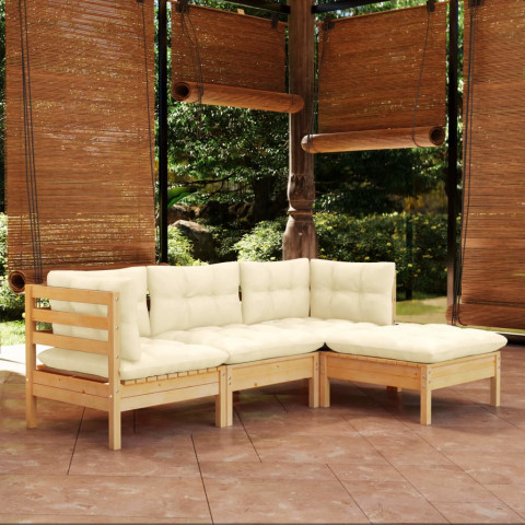 Salon de jardin 4 pcs avec coussins crème bois de pin