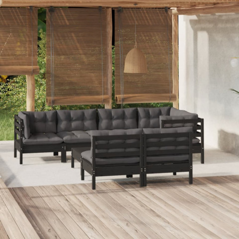 Salon de jardin 8 pcs avec coussins noir bois de pin massif