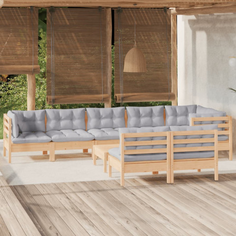 Salon de jardin 9 pcs avec coussins gris bois de pin massif