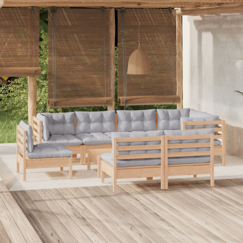 Salon de jardin 9 pcs avec coussins gris bois de pin massif