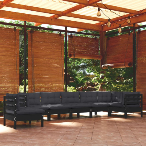 Salon de jardin 8 pcs avec coussins noir bois de pin solide