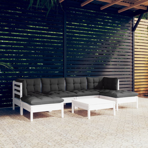 Salon de jardin 7 pcs avec coussins blanc bois de pin + table basse