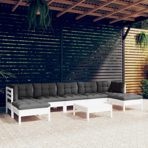 Salon de jardin 8 pcs avec coussins blanc bois de pin + table basse