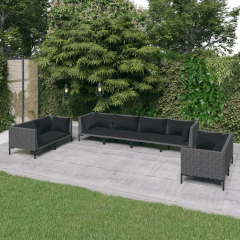 Salon de jardin 8 pcs avec coussins résine tressée gris foncé