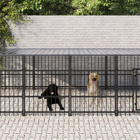 Chenil d'extérieur avec toit pour chiens acier 13,14 m²