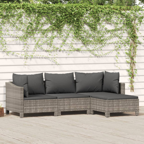 Salon de jardin 4 pcs avec coussins gris résine tressée