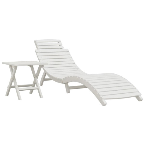 Transat chaise longue bain de soleil lit de jardin terrasse meuble d'extérieur avec table blanc bois massif d'acacia helloshop26 02_0012601