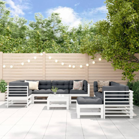 Salon de jardin 10 pcs avec coussins blanc bois massif