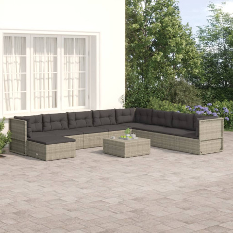 Salon de jardin 9 pcs avec coussins gris résine tressée