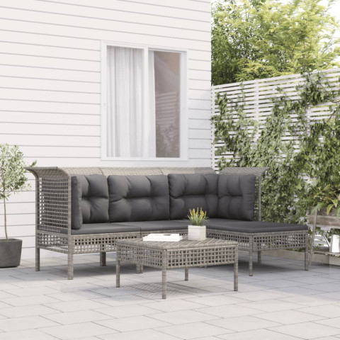 Salon de jardin 5 pcs avec coussins gris résine tressée