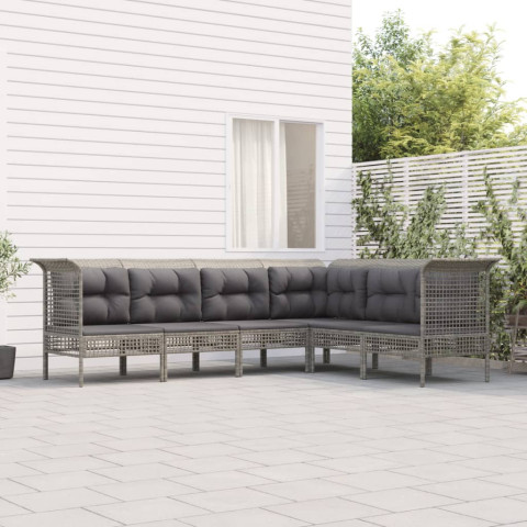 Salon de jardin 6 pcs avec coussins gris résine tressée