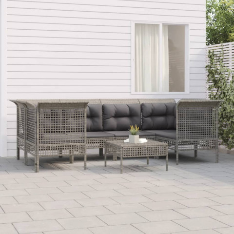 Salon de jardin 7 pcs avec coussins gris résine tressée