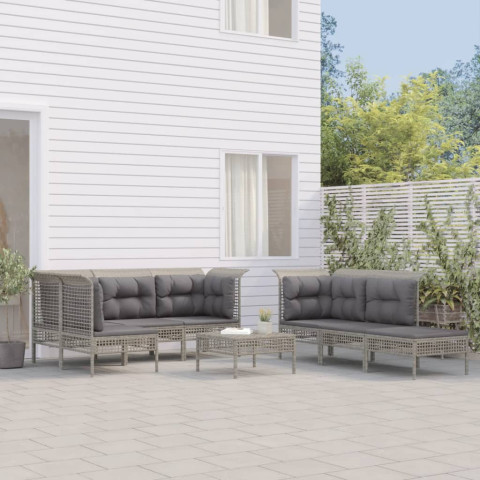 Salon de jardin 10 pcs avec coussins gris résine tressée