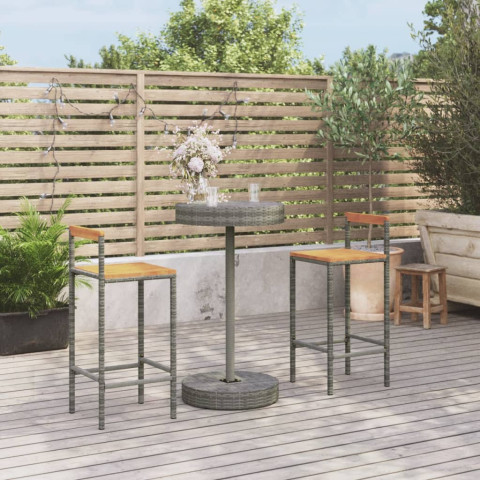 Ensemble de bar jardin 3 pcs gris poly rotin/bois massif acacia