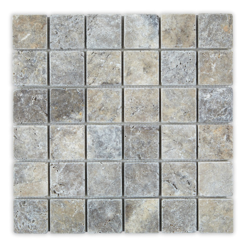 Mosaïque sol et mur travertin gris 1er choix 4,8x4,8 cm (vendu par plaque de 30,5x30,5 cm)