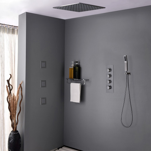 Pack de douche encastré au plafond thermostatique - nickel brossé