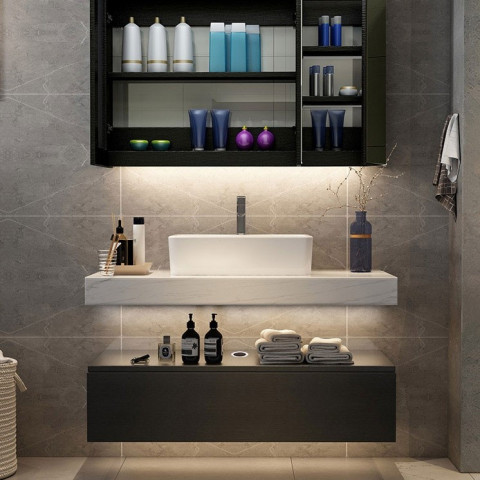 meuble de salle de bain suspendu avec lavabo en noir 100 cm distriartisan
