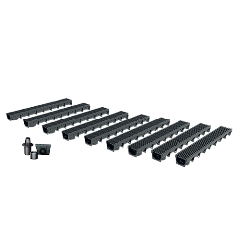 Pack de 9 caniveaux extérieurs avec grille à fentes longitudinales en plastique recyclé noir meapark - largeur utile 10cm – passage piéton