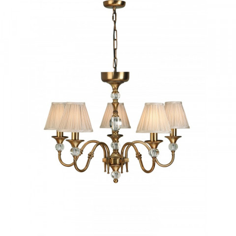 Suspension 5 ampoules polina, laiton antique et cristal, abat-jour beiges
