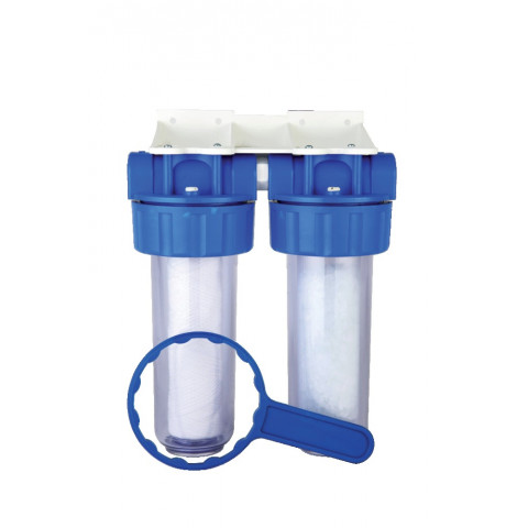Filtre double complet anti-boue+anticalcaire (clef,équerre cartouches)