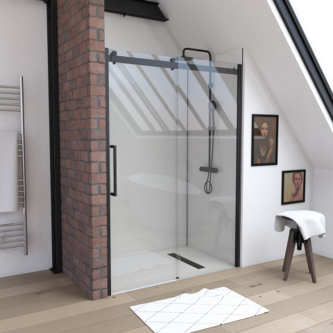 Paroi porte de douche type industriel coulissante noir mat - 140x200cm - verre trempé 8mm - railroad dark 140 front Aurlane - FAC358