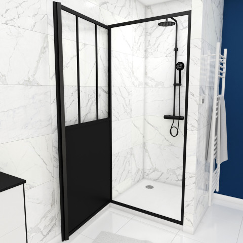 Pack Porte de Douche Atelier Pivotante Noire 80×200 cm et Receveur Blanc Effet Pierre 80x80x4 cm Aurlane - FAC419