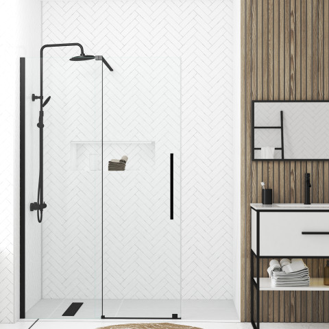 Porte de douche coulissante 120x195cm verre trempé transparent 6mm - finition noire mate - slide-in Aurlane - FAC508