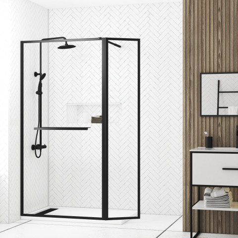 Paroi de douche avec volet pivotant 90+40x200cm - profilé, porte-serviette et étagère noir mat
