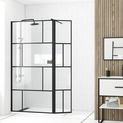 Paroi de douche avec pivot 100+40x195cm - sérigraphie type briques et profilés noir - dark blocks Aurlane - FAC929