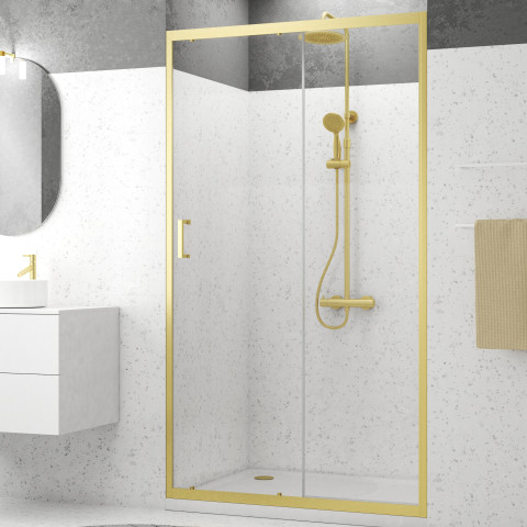 Porte de douche Coulissante 120x200cm - Profilés Or Doré Brossé - Verre Trempé 6mm - GOLDY CRUSH Aurlane - FAC957