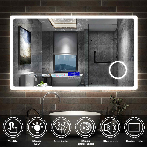 Aica miroir salle de bain 160x80cm 3 couleurs led réglable+antibuée(bluetooth haut-parleur,horloge,date,température)+grossissant