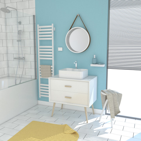 Meuble salle de bain scandinave blanc 80 cm sur pieds avec tiroir, vasque a poser et miroir rond - nordik basis runt 80
