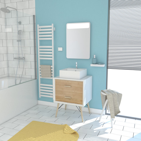 Meuble salle de bain scandinave blanc et bois naturel 60 cm sur pieds avec tiroirs, vasque a poser et miroir led - nordik skuff led 60