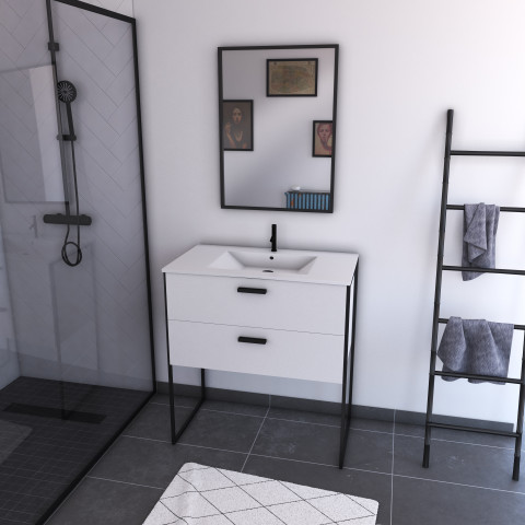 Ensemble meuble de salle de bain 80x45cm blanc avec pieds style industriel - 2 tiroirs - vasque blanche - miroir et pieds noir mat - industry white 80