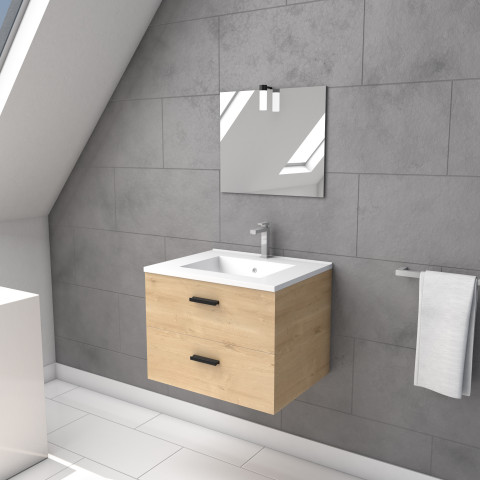aurlane meuble salle de bain 60 cm monte suspendu finition bois tiroirs soft close vasque et miroir distriartisan