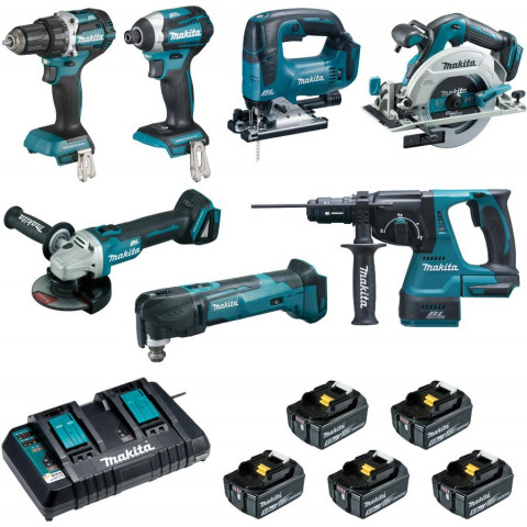 Ensemble de 7 machines MAKITA Perceuse DDF484 + Visseuse DTD154 + Meuleuse DGA506 + Scie DHS680 + Perfo DHR243 + Découpeur DTM51 + Scie DJV182 - DLX7014PTJ