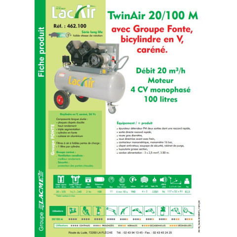 Compresseur mobile TwinAir 20/100M LACME 20 m³/h mono 100L 11 bar - 462100