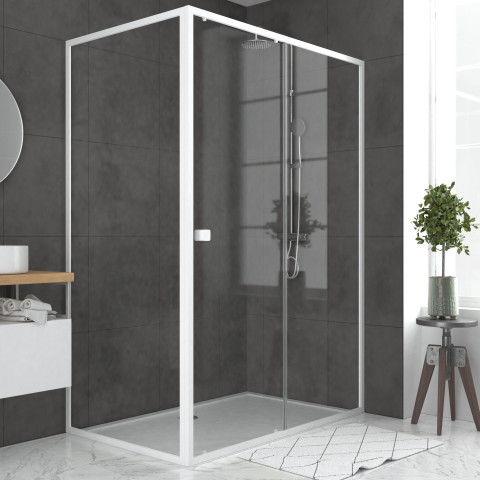 Pack porte de douche coulissante blanc extensible 140x185 + paroi de retour 80cm + receveur - whity Aurlane - PACF049