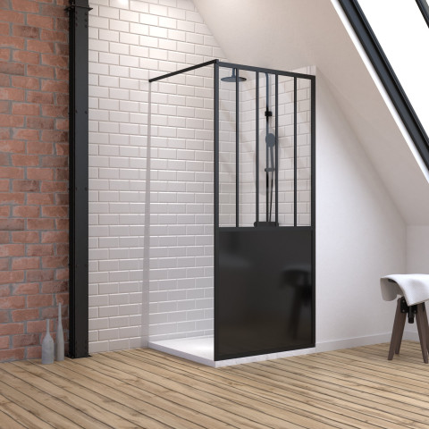 Pack paroi de douche 90x200 cm noir mat + receveur extra plat a poser 90x90 cm caniveau Aurlane - PACF061