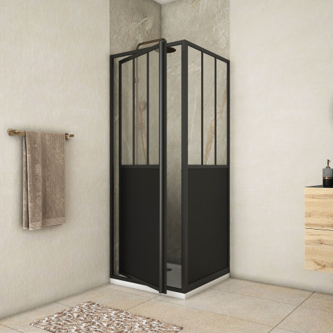 Pack porte de douche pivotante et retour 'type atelier' - noir mat - 80x80x200 cm Aurlane - PACF333