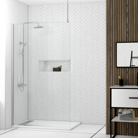 Paroi de douche 120x200cm verre transparent - profilé + barre plafond finition chrome - freedom 2