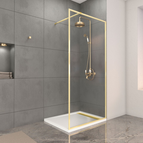 Paroi de douche 100x200cm + grille finition or doré brossé + receveur blanc 100x80x4cm Aurlane - PACF420