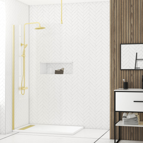 Paroi de douche 100x200cm verre 8mm - profilé + barre plafond finition or brossé - freedom 2 gold Aurlane - PACF450