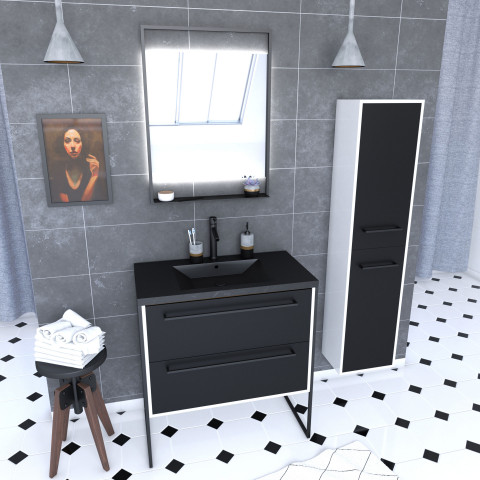 Ensemble meuble de salle de bain 80x50 cm - vasque noir effet pierre + colonne + miroir