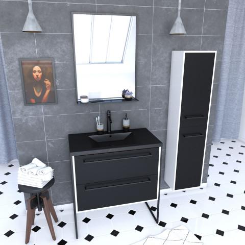 Ensemble meuble de salle de bain 80x50 cm - vasque noir effet pierre + colonne noir mat + miroir