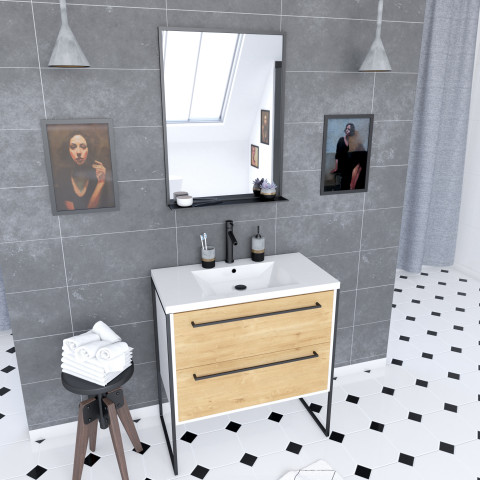 Pack meuble de salle de bain 80x50cm blanc - 2 tiroirs blanc - vasque blanche et miroir à noir mat - structura p034