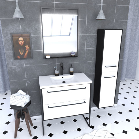 Ensemble de salle de bain blanc 80cm+ vasque résine blanche + tiroirs blanc mat + miroir + colonne Aurlane - PACM046