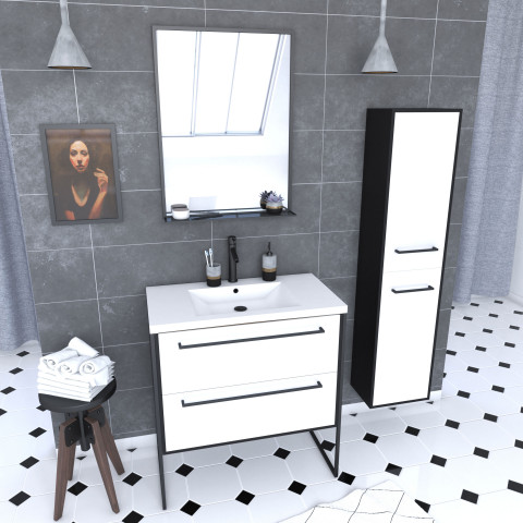 Ensemble de salle de bain 80 cm blanc finition noir + vasque blanche+ miroir + colonne de rangement Aurlane - PACM047