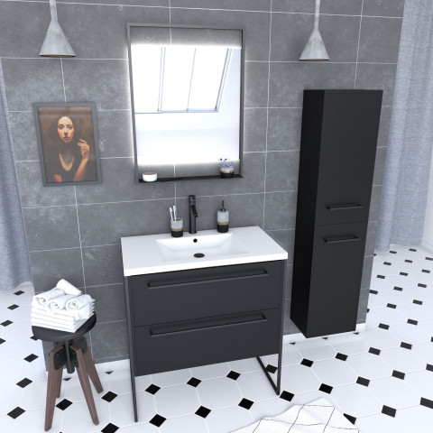 Meuble salle de bains 80 cm, vasque blanche, miroir led et colonne - noir - structura Aurlane - PACM057