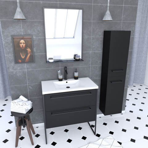Pack meuble de salle de bain 80x50 cm blanc - 2 tiroirs - vasque blanche - miroir - colonne suspendu Aurlane - PACM058